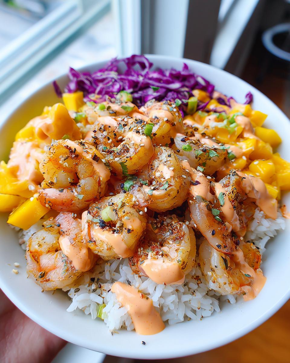 A close-up of vibrant shrimp rice bowls featuring seasoned shrimp, white rice, mango chunks, red cabbage, and a creamy orange sauce.