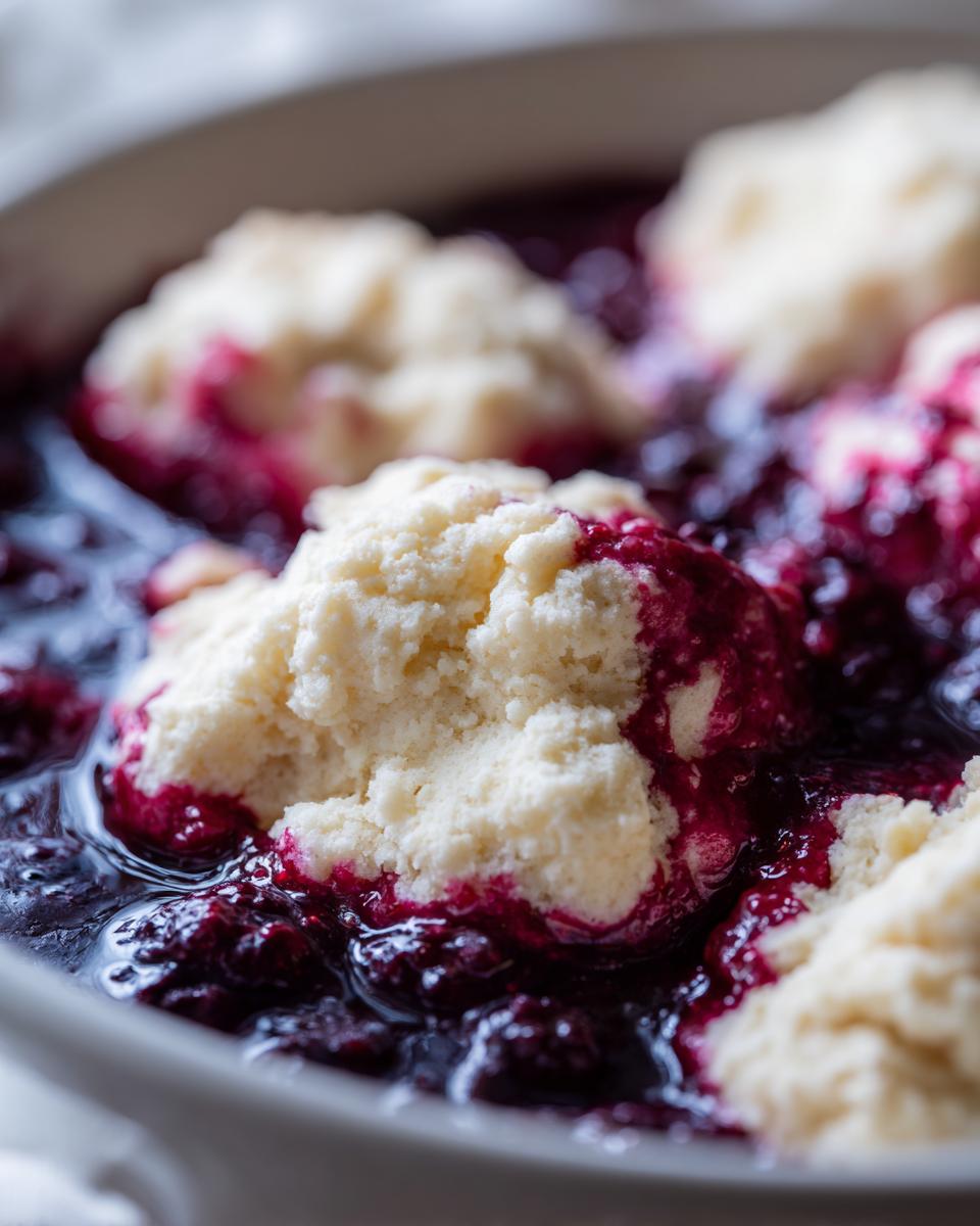Close-up of fluffy white Blackberry Dumplings nestled in rich, dark purple blackberry sauce.
