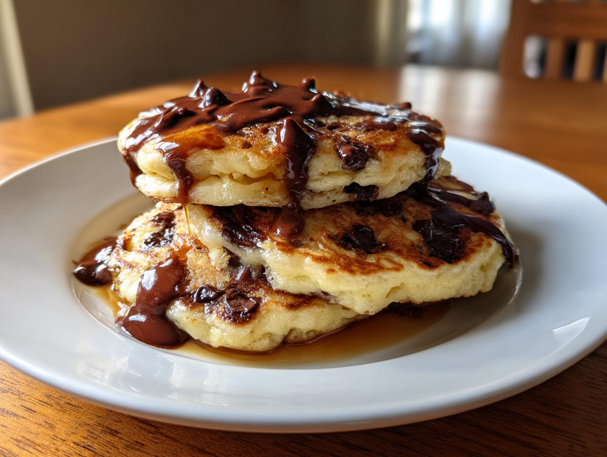 A stack of three fluffy chocolate chip pancakes drizzled generously with melted chocolate sauce on a white plate.