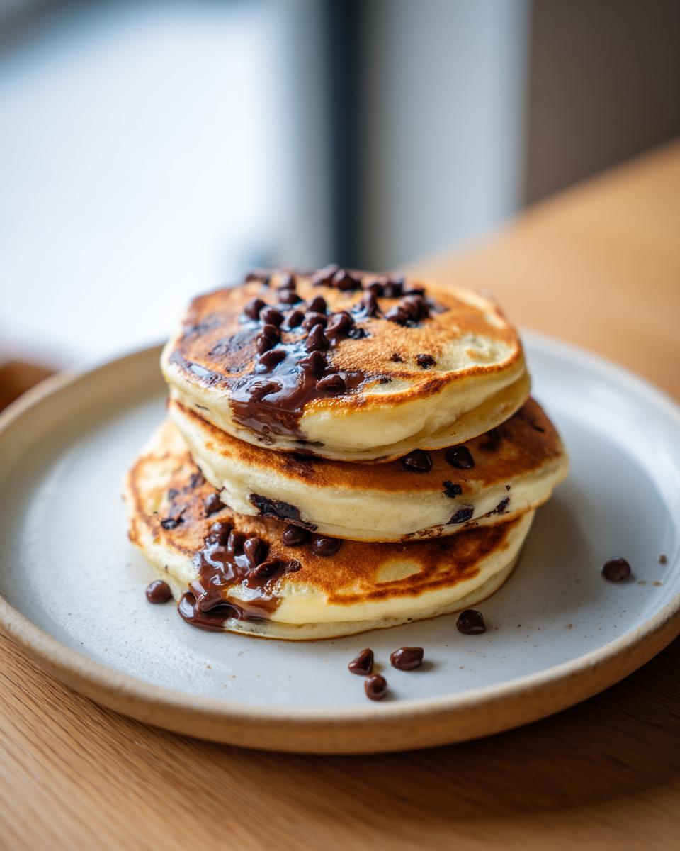 A close-up of a stack of three fluffy chocolate chip pancakes drizzled with melted chocolate.