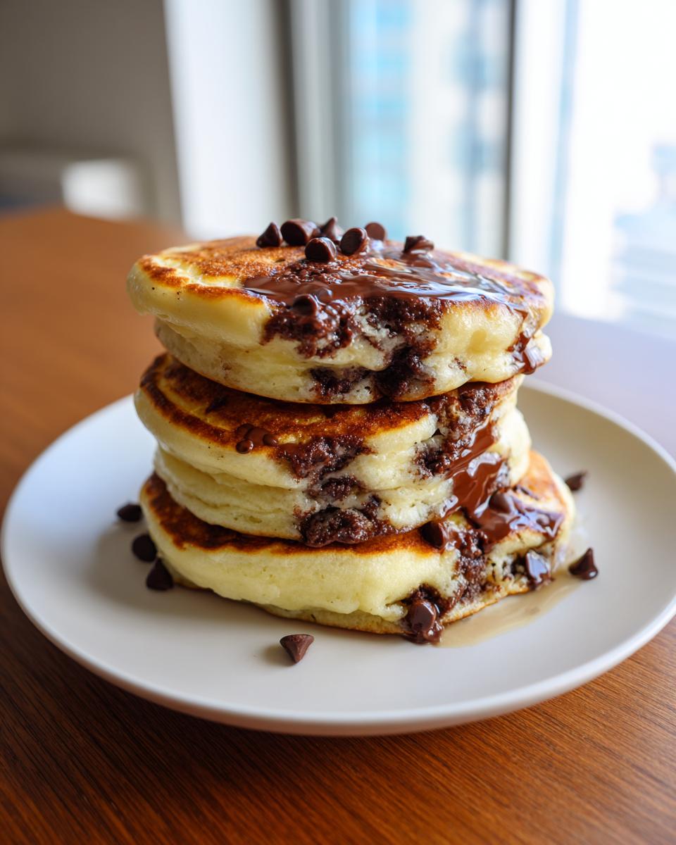 A tall stack of three fluffy chocolate chip pancakes drizzled with melted chocolate and topped with chocolate chips.