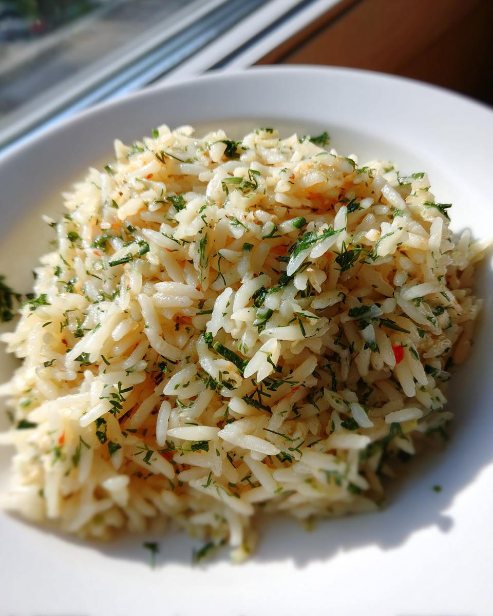A close-up of fluffy Greek rice seasoned generously with chopped green dill, served in a white bowl.