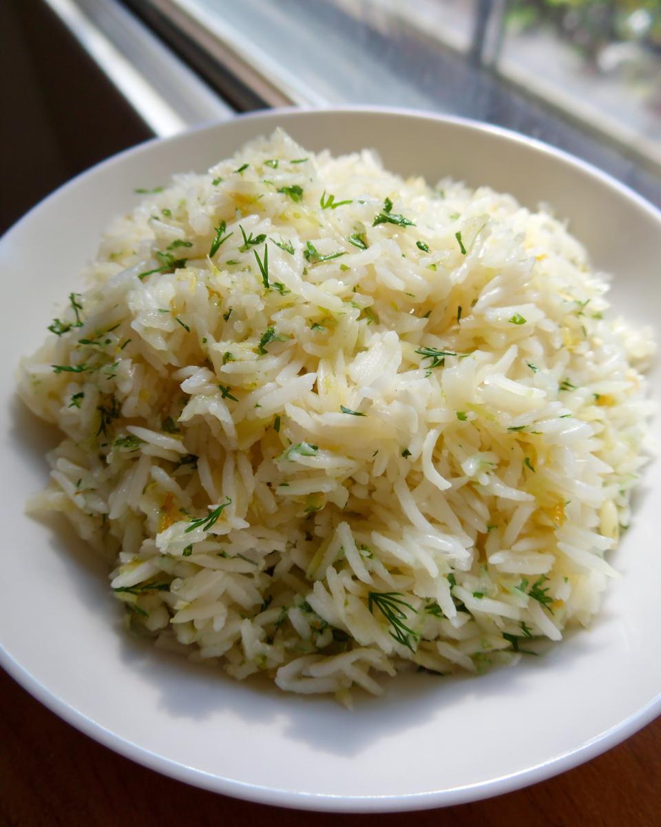 A close-up of fluffy white Greek rice seasoned with fresh dill and lemon zest served in a white bowl.