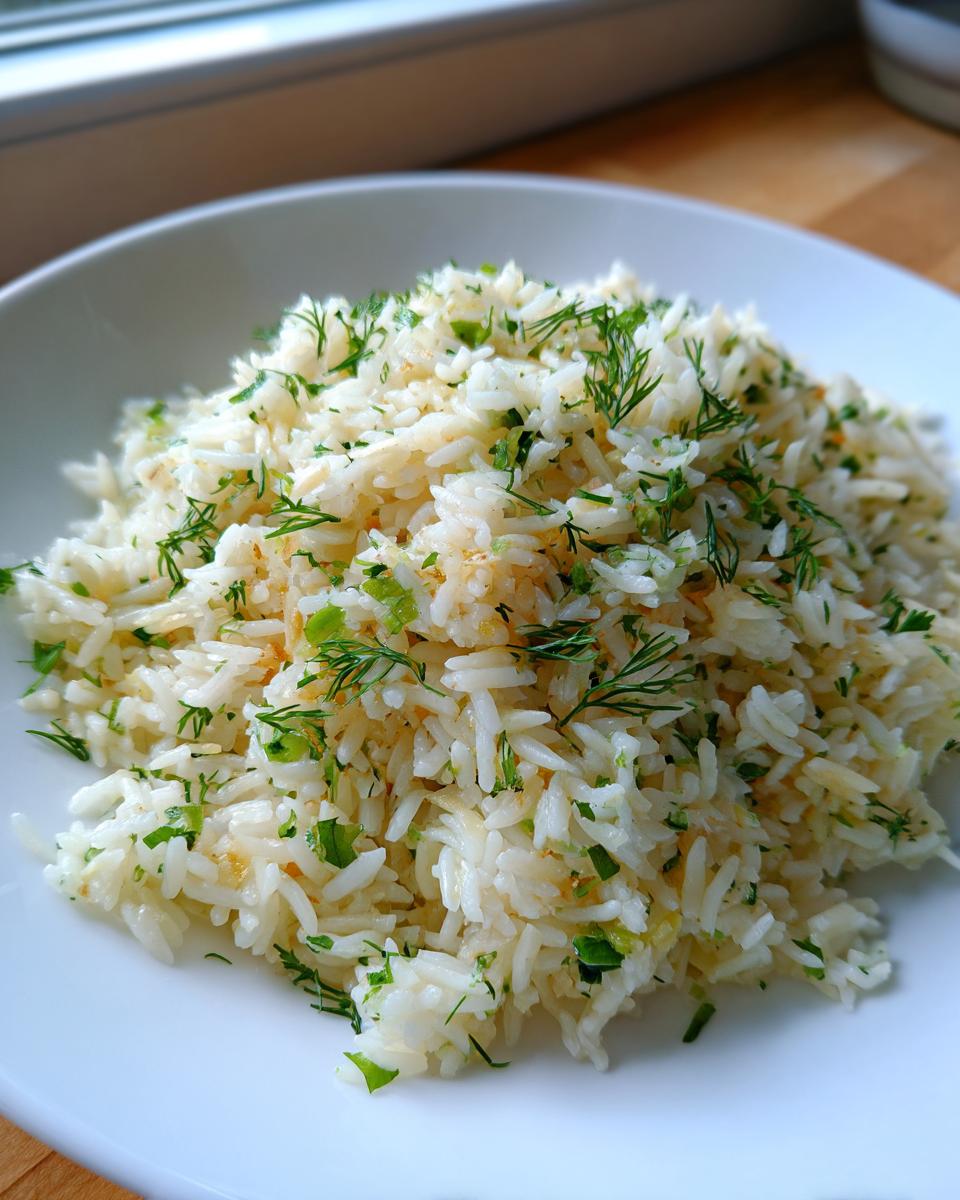 A close-up of fluffy, white greek rice seasoned and topped generously with chopped dill and parsley.