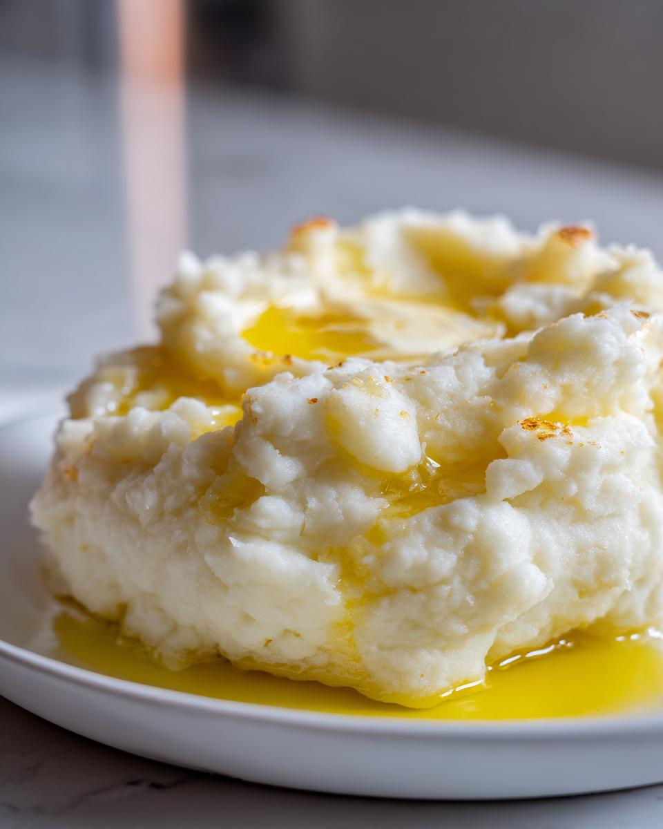 A close-up of a serving of fluffy mashed potatoes topped generously with melted butter.