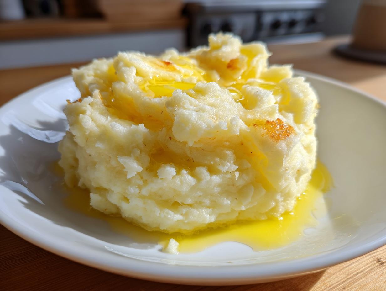A mound of fluffy mashed potatoes topped generously with melted butter, served on a white plate.