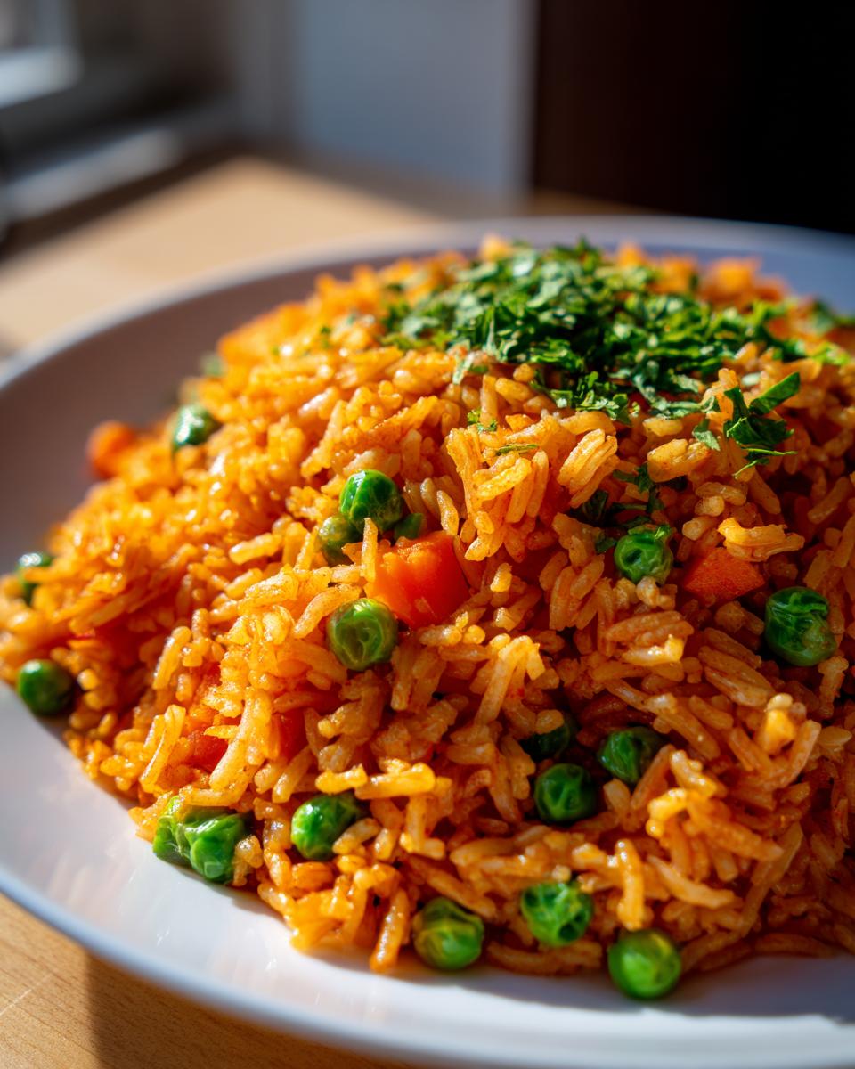 Close-up of fluffy, orange Mexican rice recipe mixed with bright green peas and diced carrots, topped with fresh cilantro.