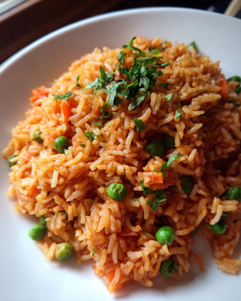 Close-up of fluffy, orange-tinted Mexican rice recipe mixed with bright green peas and topped with fresh cilantro.