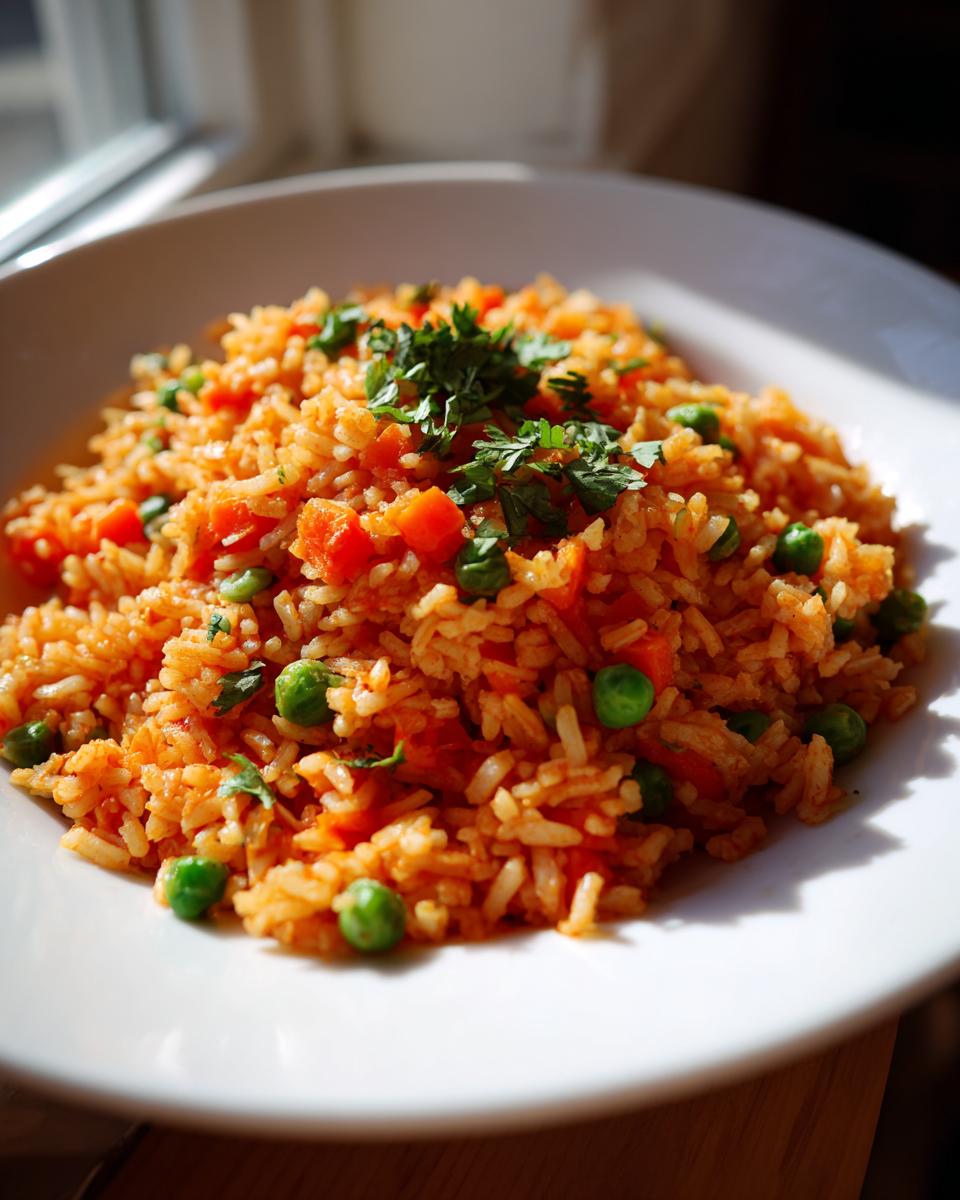A close-up of fluffy Mexican rice mixed with bright green peas and diced carrots, topped with fresh cilantro.