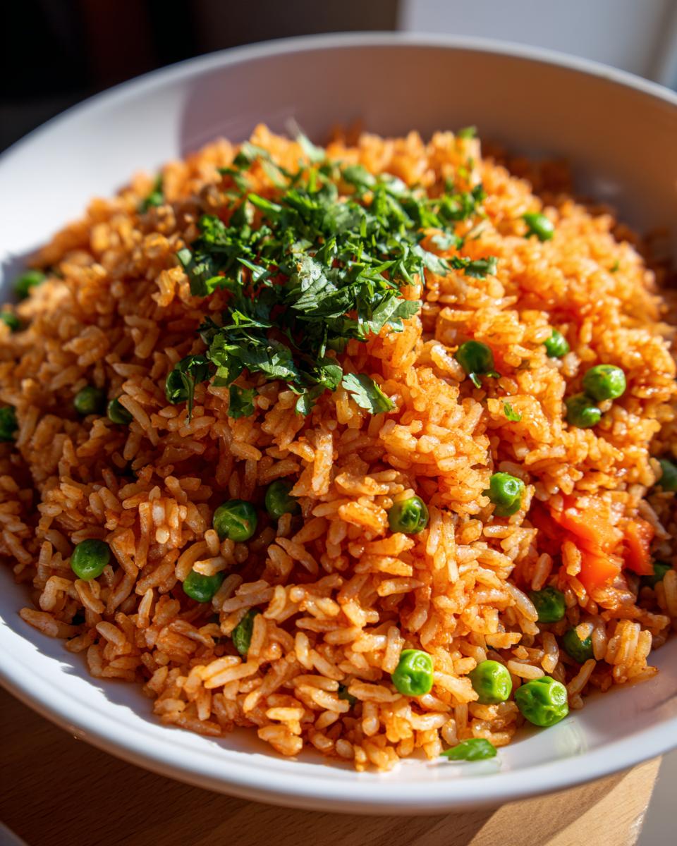 Close-up of fluffy, seasoned Mexican rice recipe with green peas and fresh cilantro garnish in a white bowl.