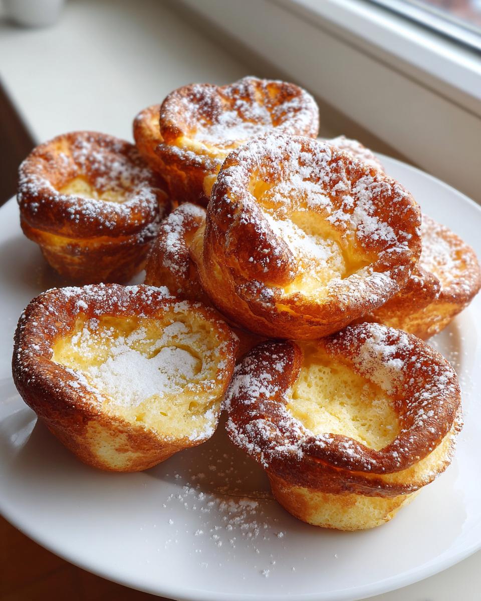 A pile of freshly baked, puffy mini german pancakes dusted generously with powdered sugar on a white plate.