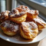 A close-up of several golden brown mini german pancakes piled on a white plate, generously dusted with powdered sugar.