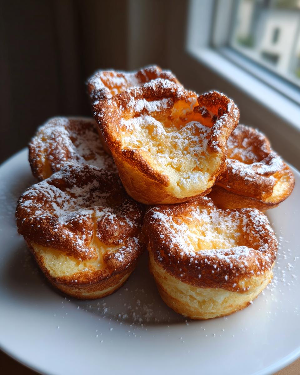 A stack of five golden brown mini german pancakes dusted generously with powdered sugar on a white plate.