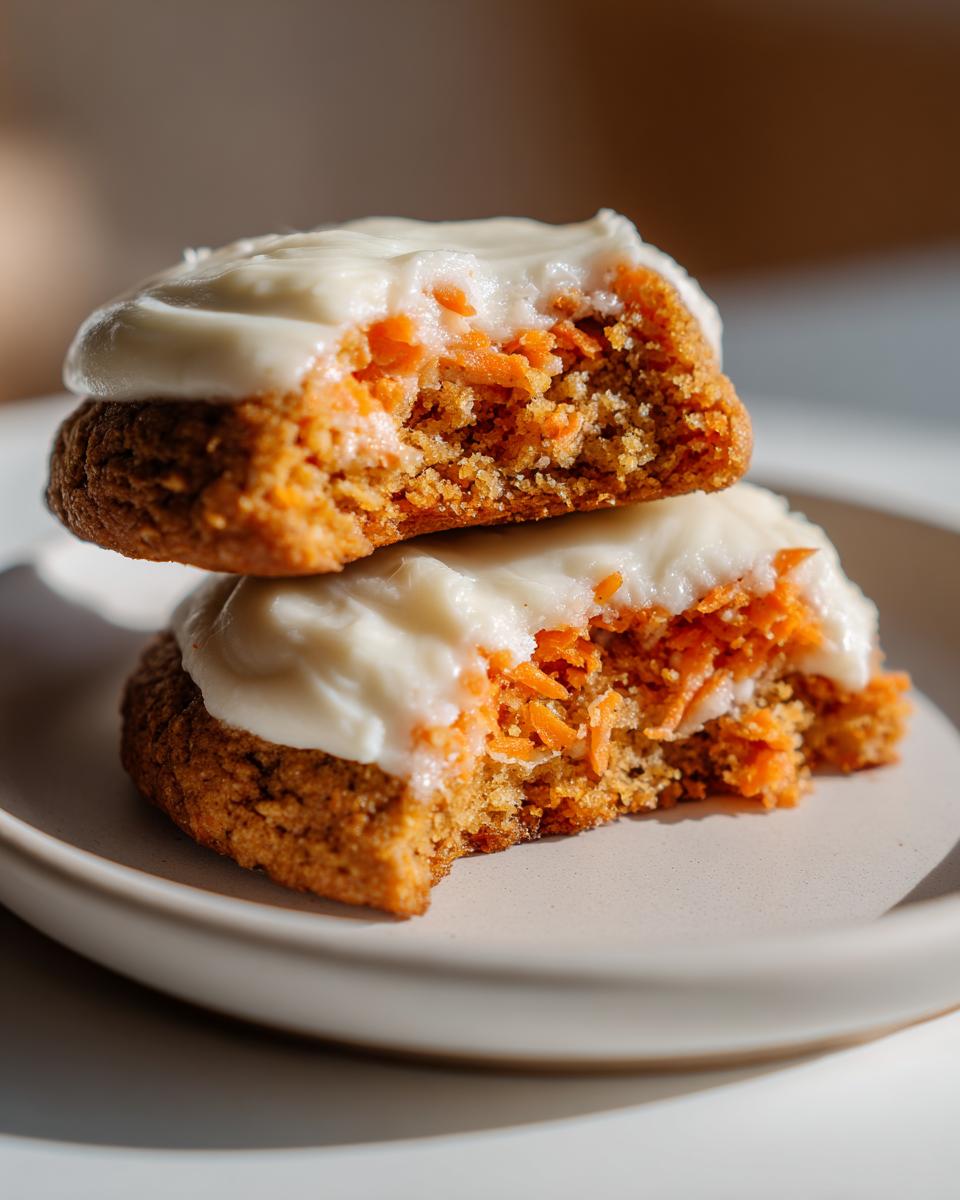 Two halves of a soft carrot cake cookies stacked, showing the moist interior packed with shredded carrots and topped with cream cheese frosting.