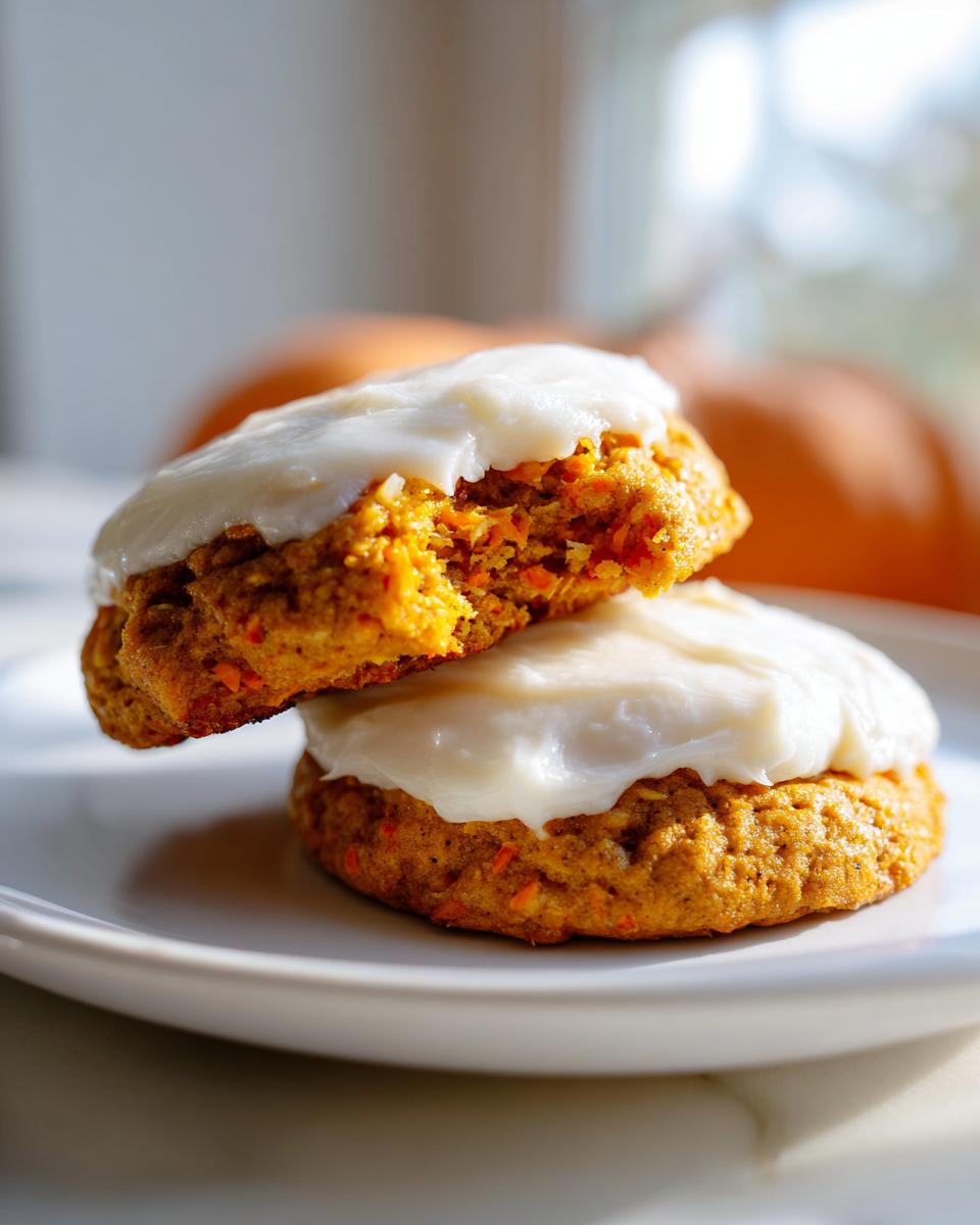 Close-up of two stacked carrot cake cookies generously topped with cream cheese frosting, showing texture.
