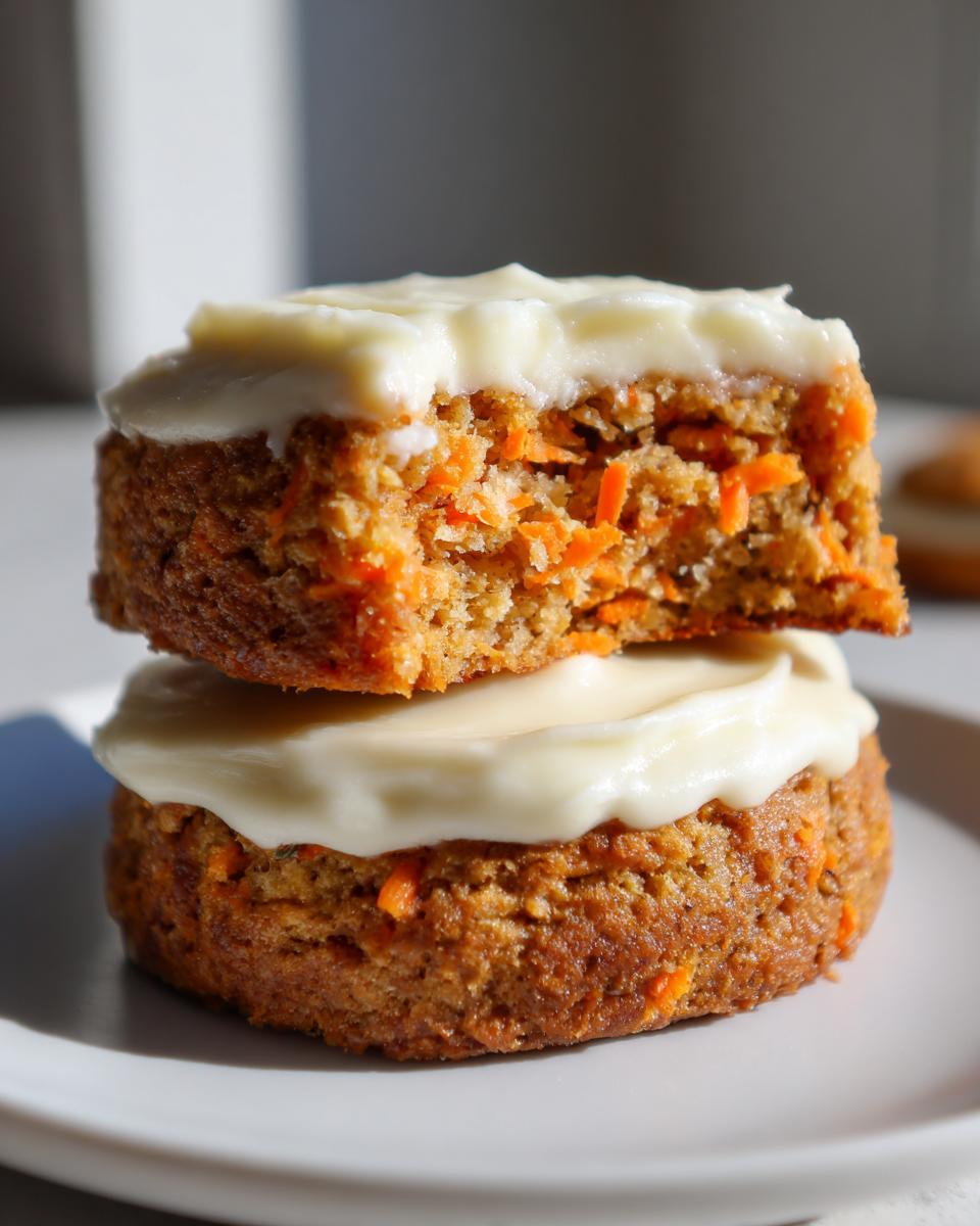 Two thick, round carrot cake cookies stacked, featuring visible shredded carrots and thick cream cheese frosting.