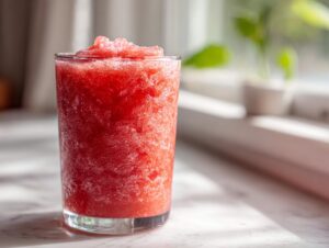 A tall glass filled with bright red, icy frozen strawberry frosé sitting on a marble counter near a sunny window.