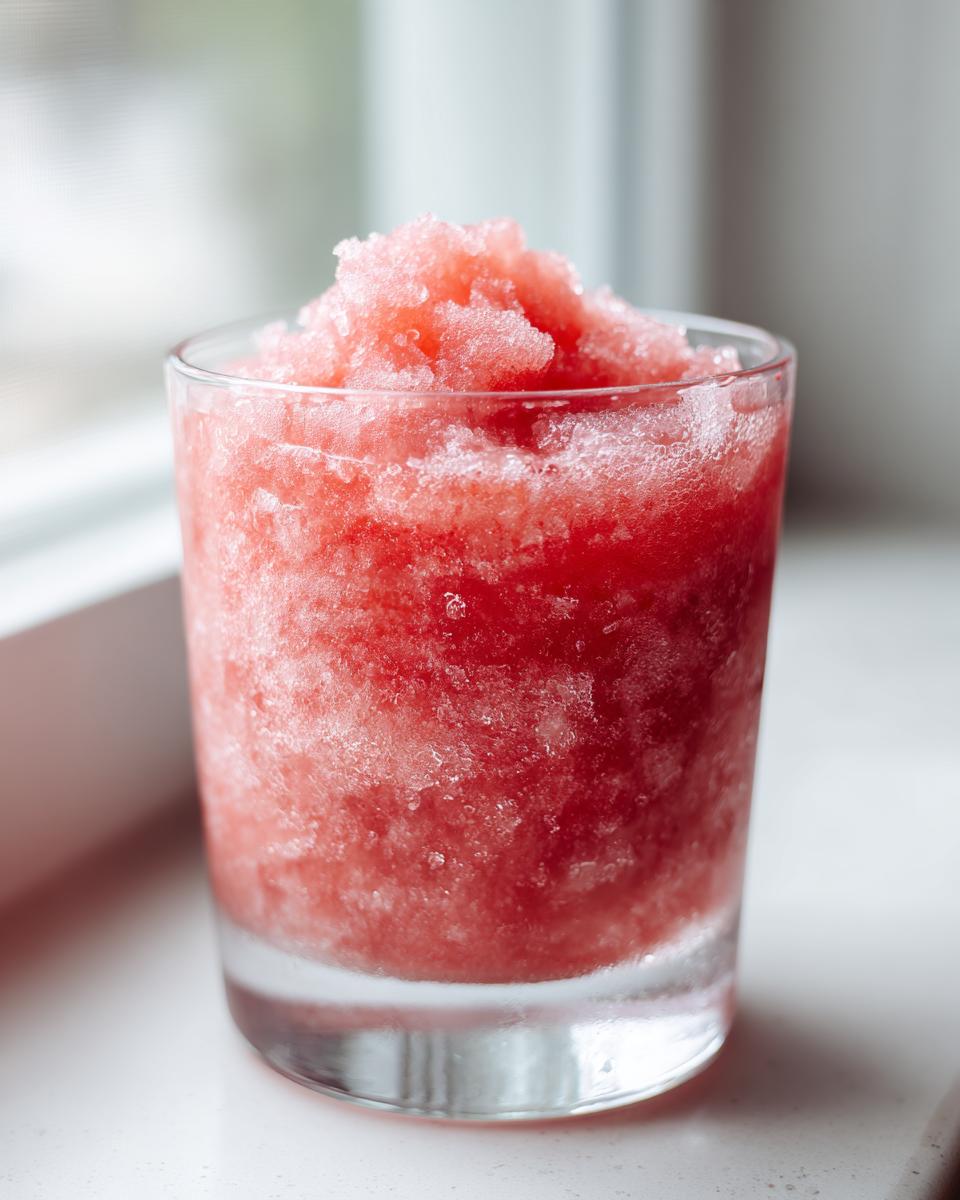 Close-up of a vibrant red, icy frozen strawberry frosé served in a clear rocks glass.