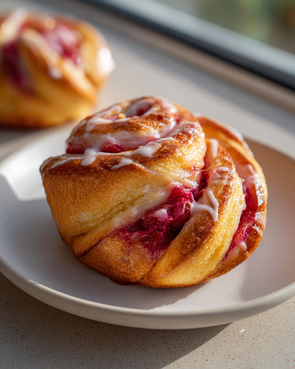 A close-up of one perfectly baked Geometric Rhubarb Cardamom Buns, drizzled with white icing, sitting on a light plate.