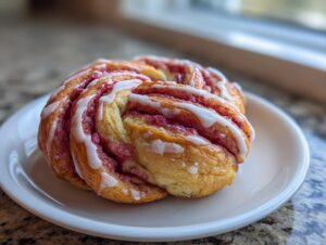A single, beautifully swirled Geometric Rhubarb Cardamom Buns, drizzled with white icing, resting on a small white plate.