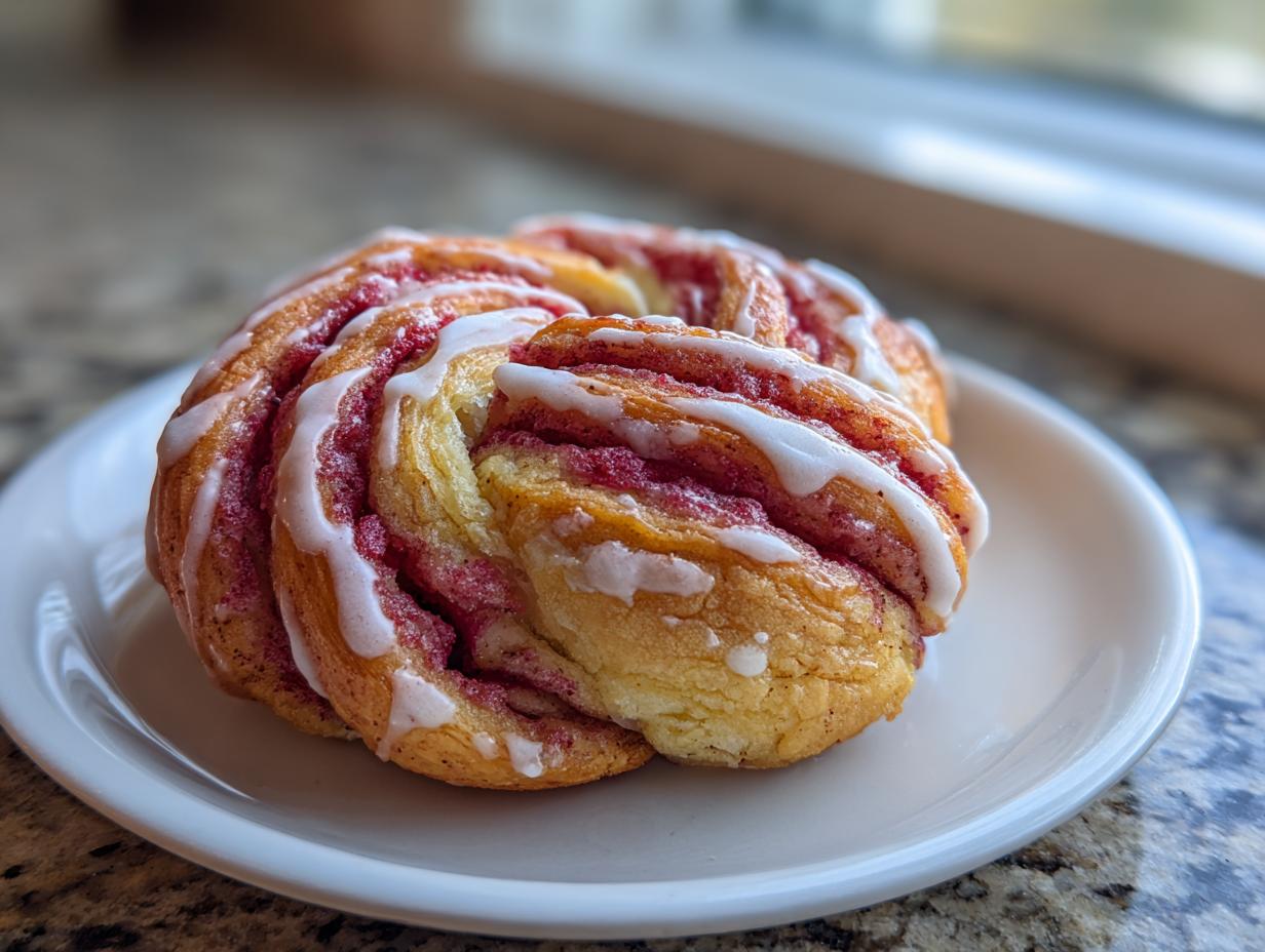 A single, beautifully swirled Geometric Rhubarb Cardamom Buns, drizzled with white icing, resting on a small white plate.