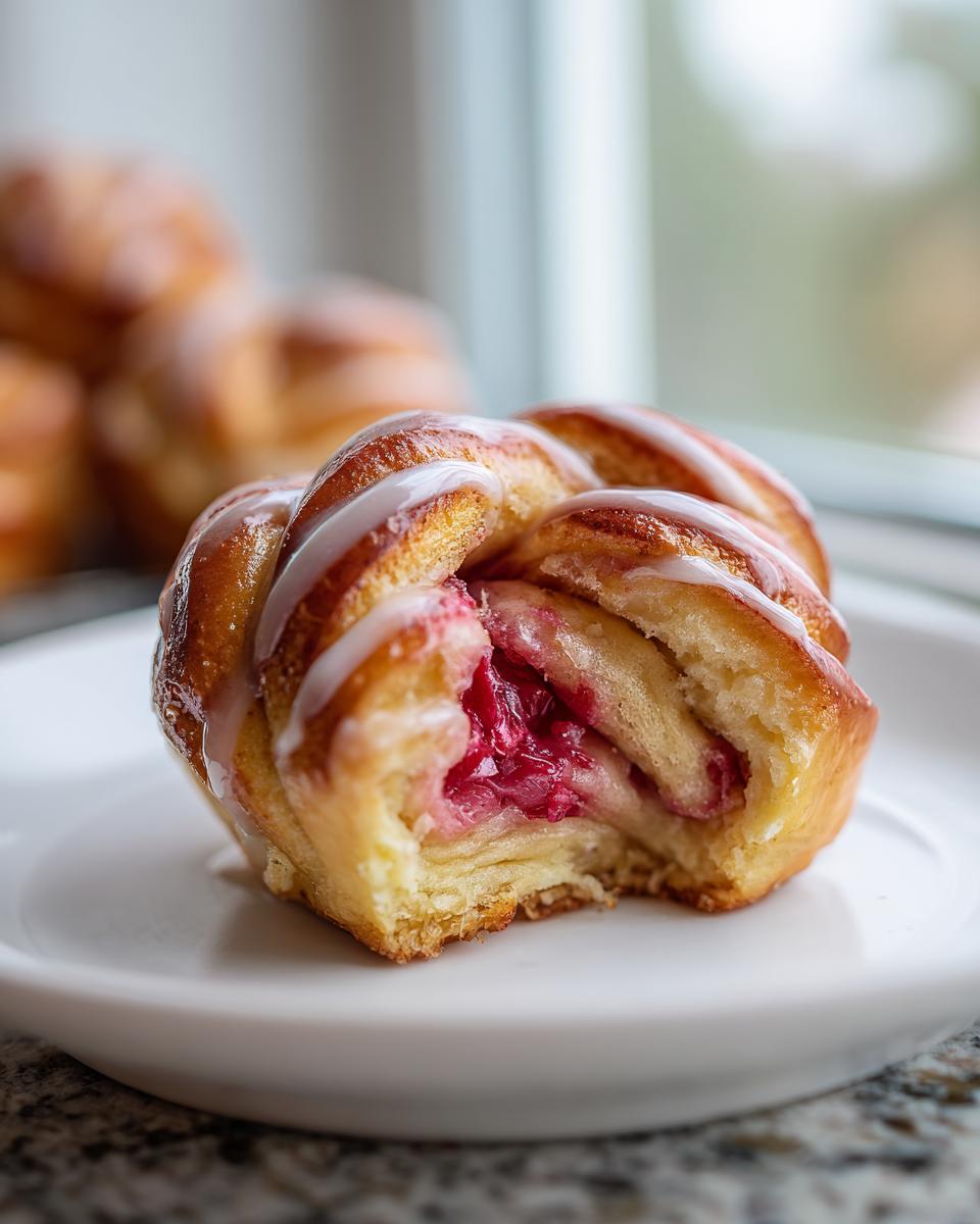 A bite taken out of a braided Geometric Rhubarb Cardamom Buns showing the bright pink rhubarb filling and white icing drizzle.