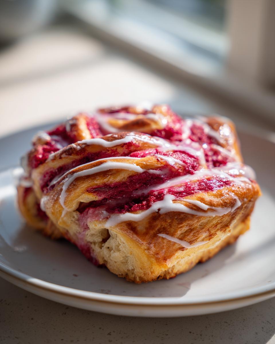 A single, golden-brown Geometric Rhubarb Cardamom Buns pastry topped with bright pink rhubarb filling and white icing drizzle.