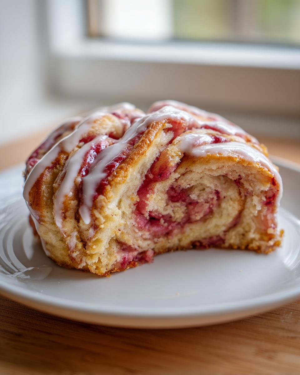 Close-up of a slice showing the swirl and pink rhubarb filling in the Geometric Rhubarb Cardamom Buns with white icing.