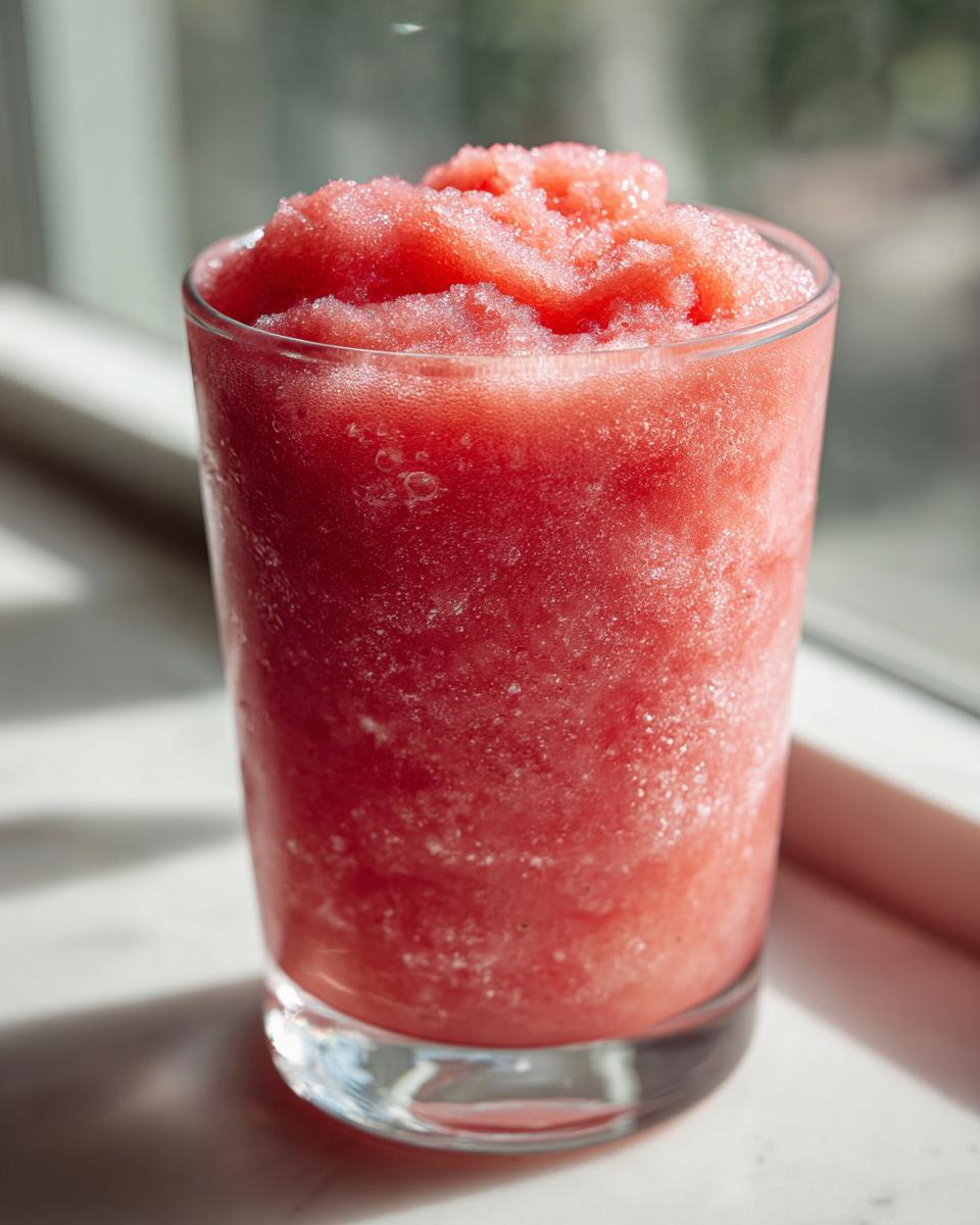 Close-up of a tall glass filled with bright pink, icy frozen strawberry frosé slush, sitting near a window.