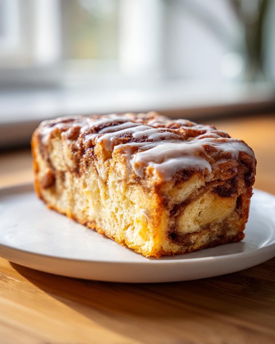 A close-up of a moist slice of apple bread with a cinnamon swirl and white glaze drizzle.