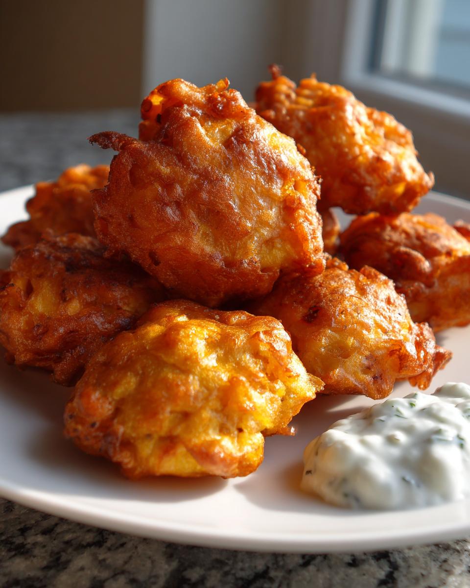 A pile of golden brown, freshly fried Amish onion fritters served on a white plate with a dollop of herbed dipping sauce.