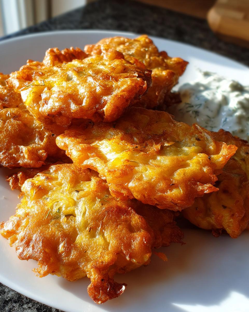 A close-up of several golden-brown, crispy Amish onion fritters served on a white plate next to a dollop of white dipping sauce.