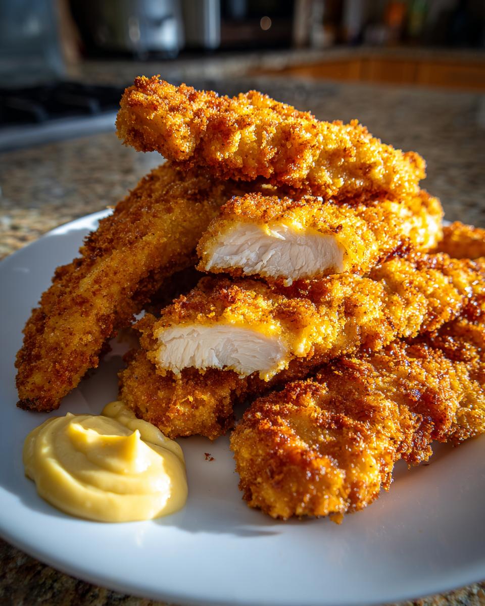 A stack of crispy, golden brown chicken tenders, one cut open to show juicy white meat, served with a dollop of honey mustard.