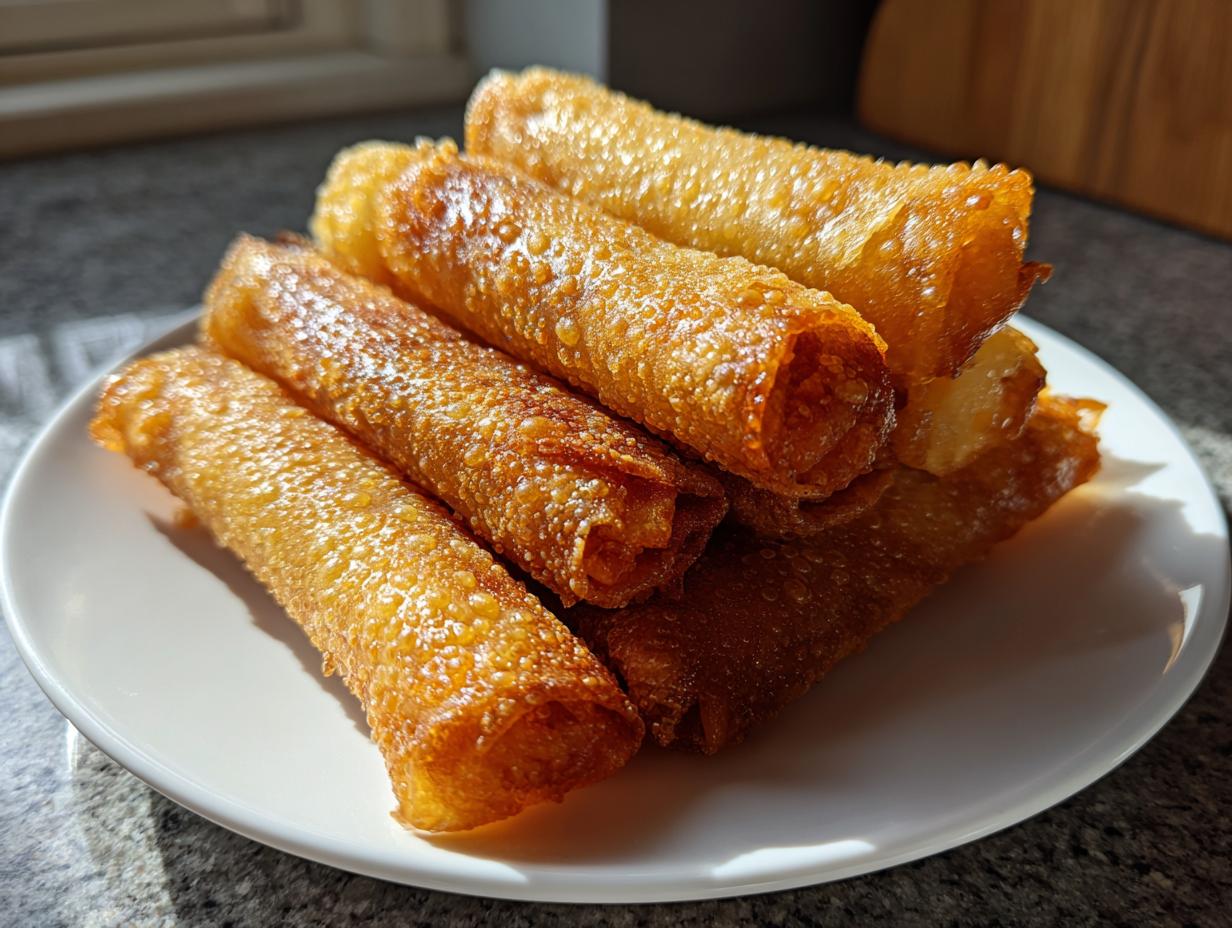 A stack of perfectly golden brown, crispy rice paper rolls glistening under sunlight on a white plate.