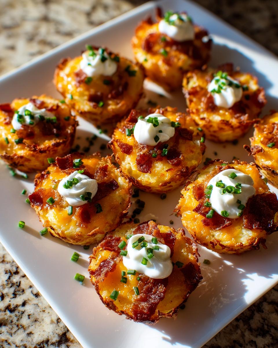 A plate of golden brown loaded hashbrown bites topped with bacon, sour cream, and fresh chives.
