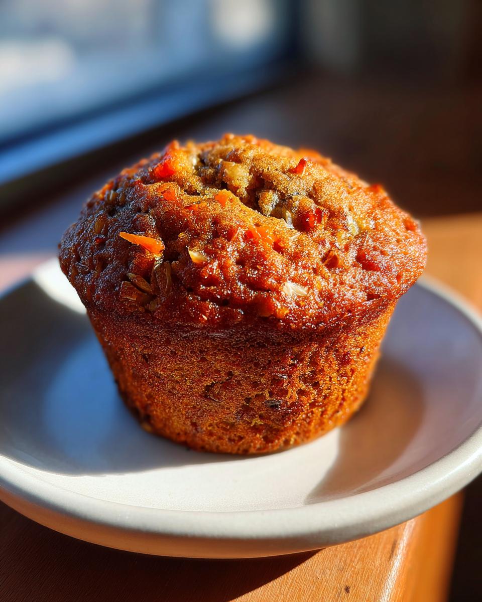 Close-up of a perfectly baked, golden brown morning glory muffin topped with visible shreds of carrot and coconut.