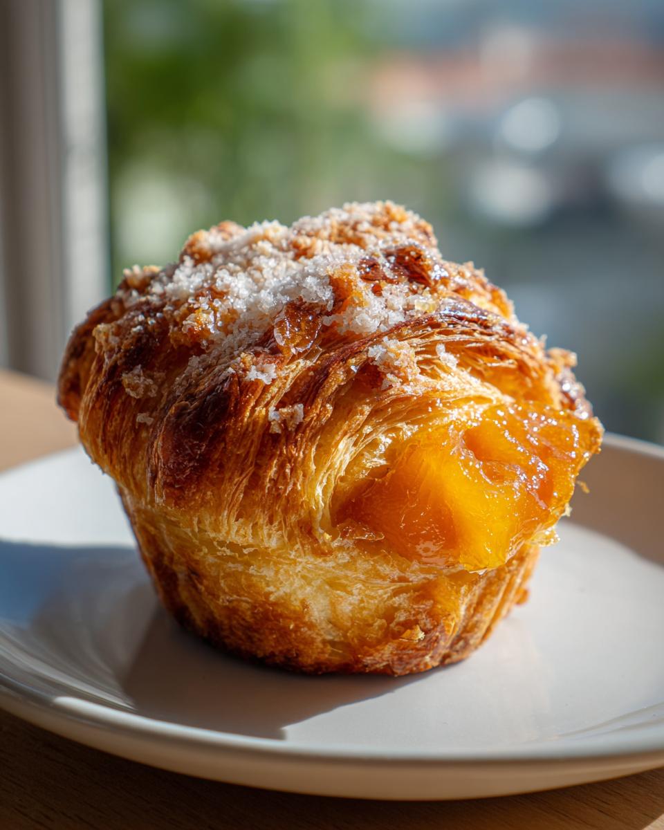 Close-up of a golden, flaky peach cruffin topped with coarse sugar, sitting on a white plate.