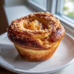 A close-up of a freshly baked peach cruffin with a caramelized, flaky exterior and a sugary streusel topping.