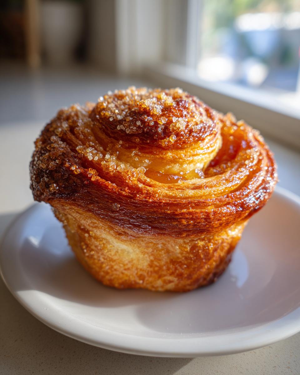 A close-up of a beautifully baked peach cruffin, golden brown with flaky layers and topped with coarse sugar crystals.