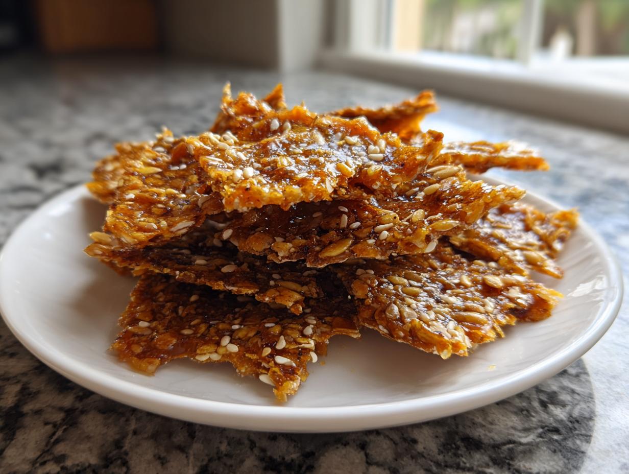 A stack of shiny, golden-brown pieces of homemade seed brittle featuring sunflower and sesame seeds.