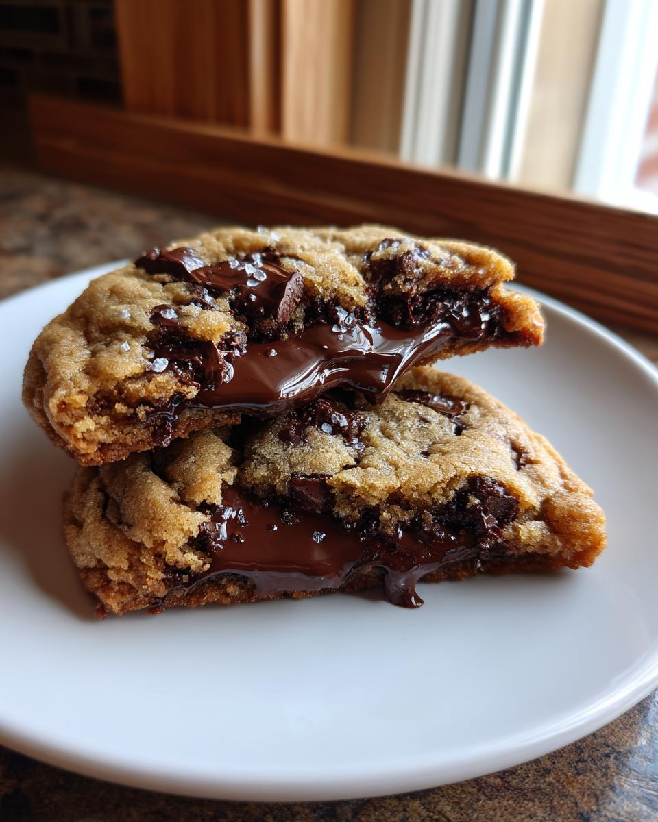 A brown butter chocolate chip cookie cut in half showing a gooey, melted chocolate center and sprinkled with sea salt.