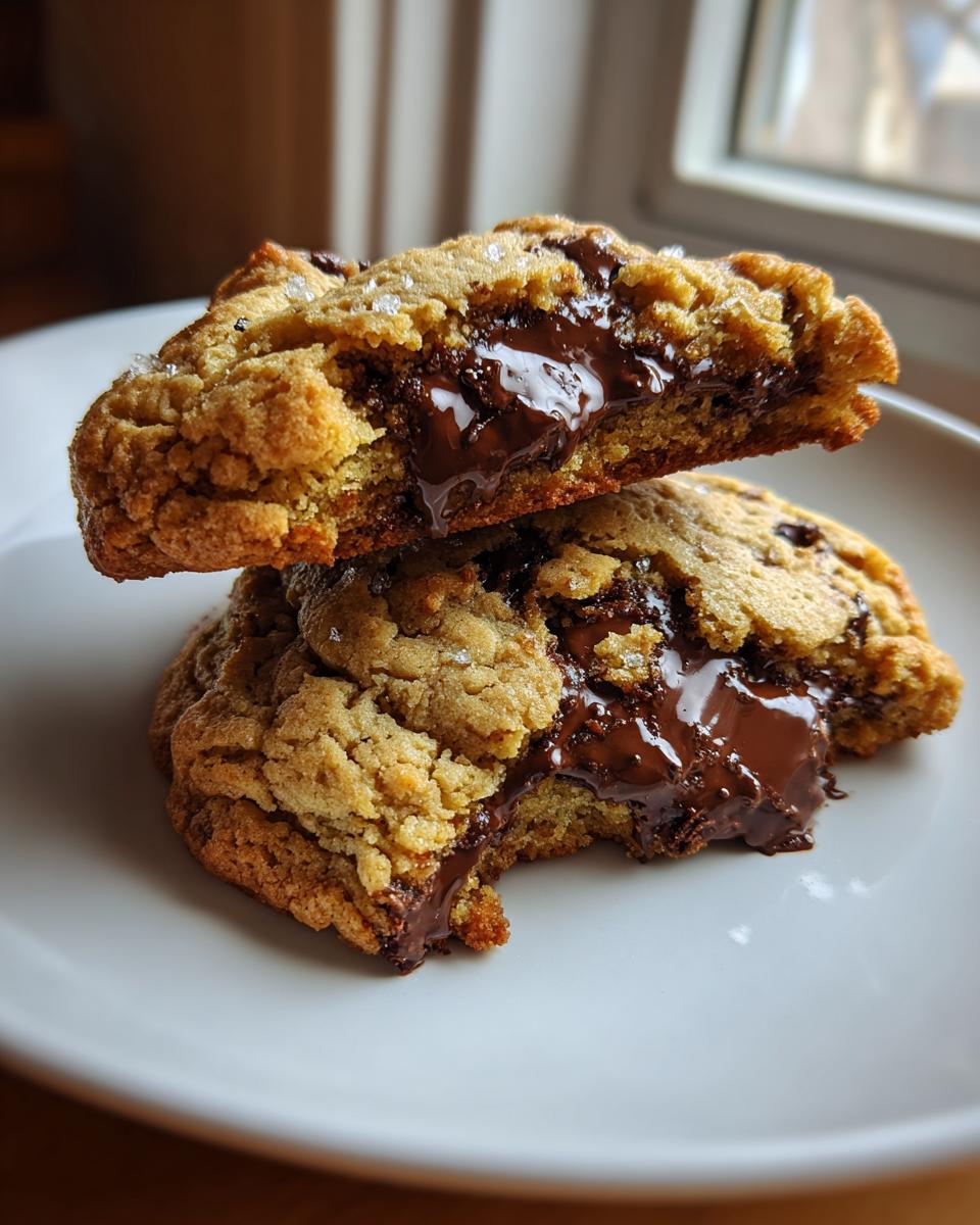 Two halves of a thick brown butter chocolate chip cookies stacked, showing molten, gooey chocolate centers.