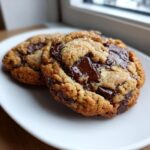 Close-up of two freshly baked chocolate chip cookie treats with gooey, melted chocolate chunks on a white plate.