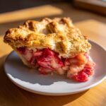 A close-up slice of Grandma's Rhubarb Pie with Lard Crust showing flaky golden top and bright red filling.