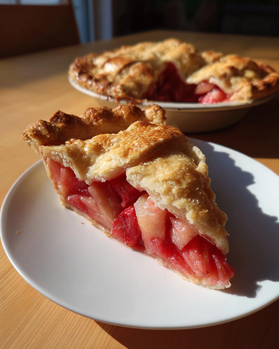 A close-up slice of Grandma's Rhubarb Pie with Lard Crust showing flaky golden crust and bright pink filling.