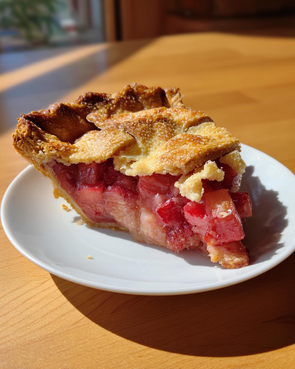 A close-up of a slice of Grandma's Rhubarb Pie with Lard Crust, showing the flaky top and bright red filling.