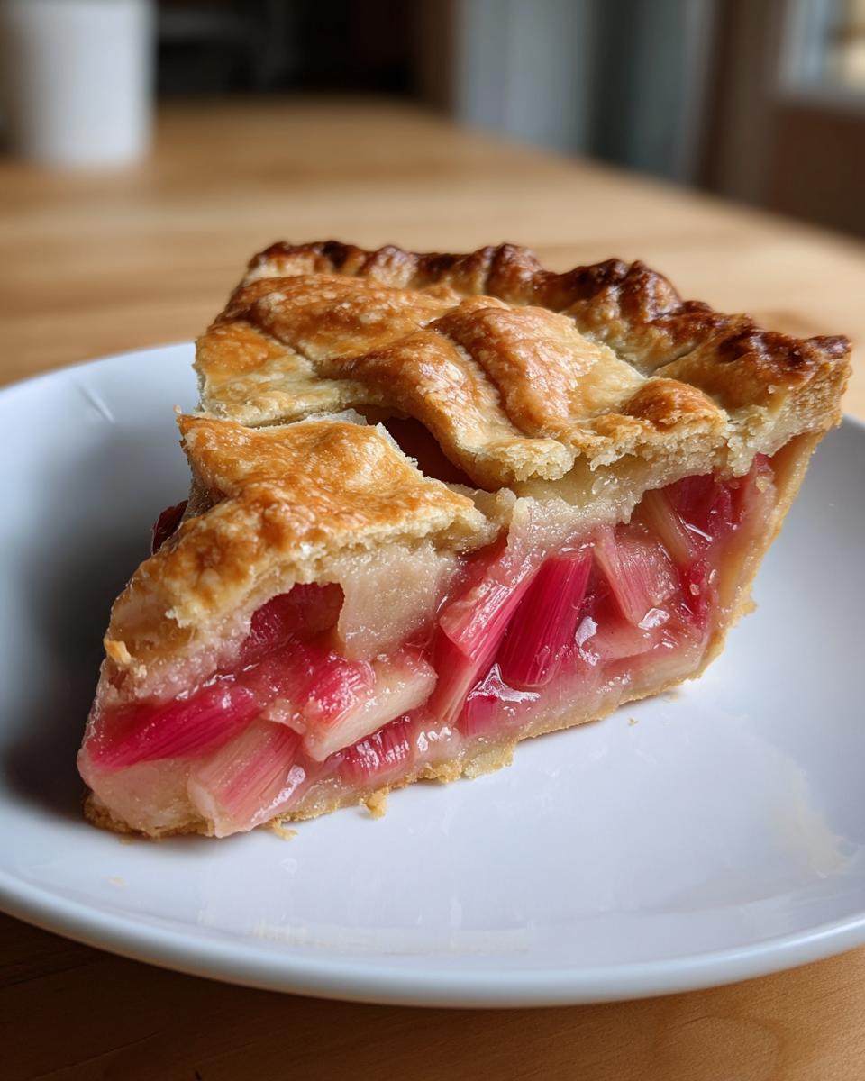 A close-up of a slice of Grandma's Rhubarb Pie with Lard Crust showing bright pink rhubarb filling and flaky golden top crust.