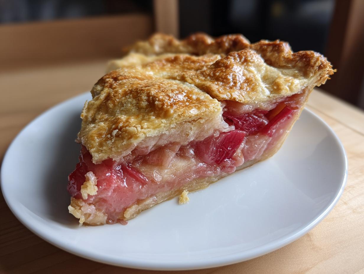 A close-up of a thick slice of Grandma's Rhubarb Pie with Lard Crust showing flaky golden top and bright pink filling.