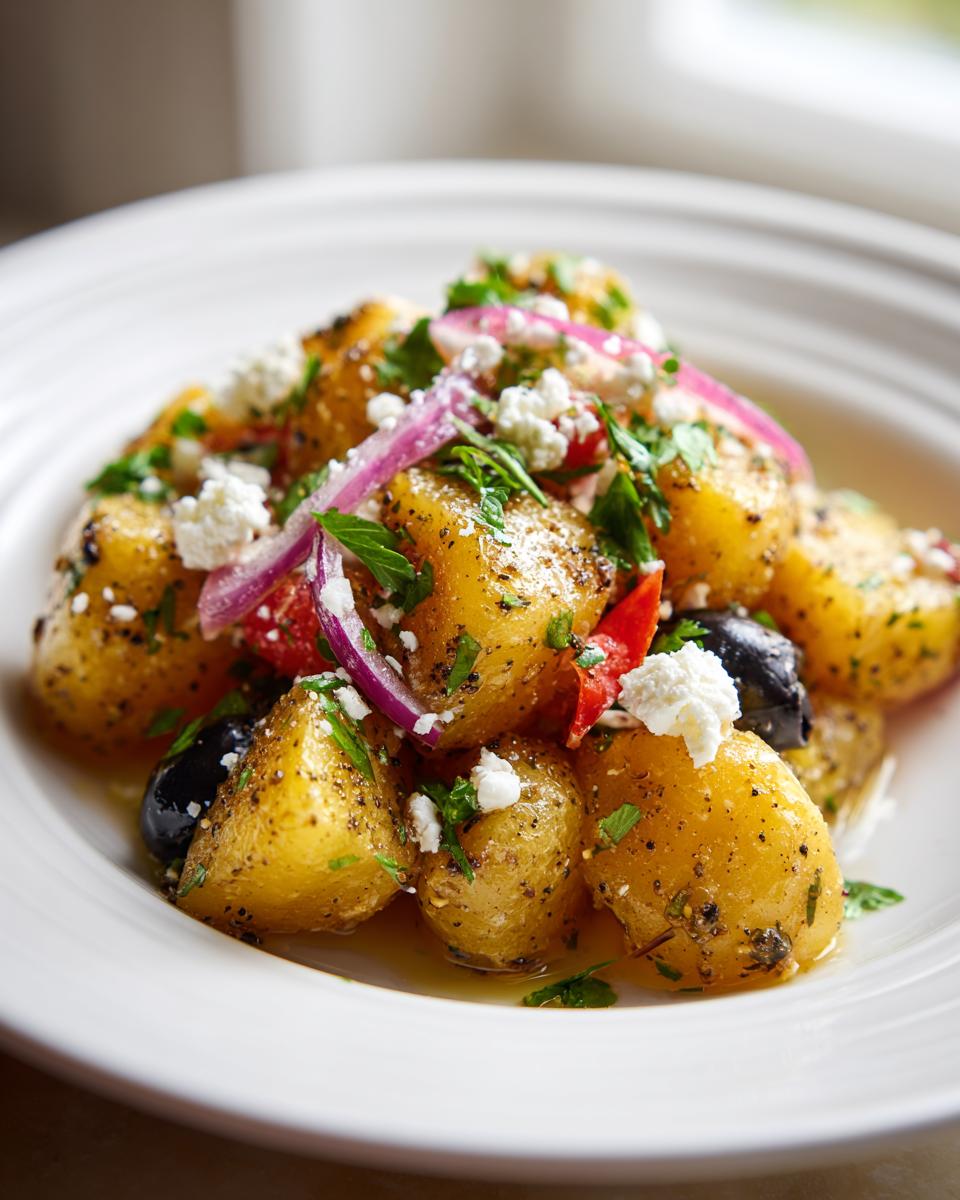 Close-up of a serving of amazing greek potato salad featuring seasoned potatoes, feta cheese, red onion, and olives.