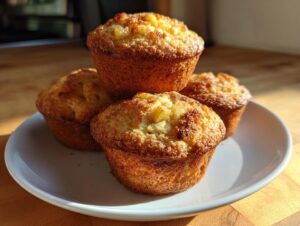 Four golden brown greek yogurt apple muffins stacked loosely on a small white plate, catching the sunlight.